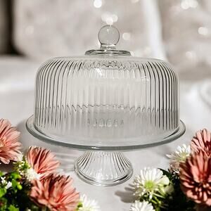 Vintage Ribbed Clear Glass Dome Covered Pedestal Cake Stand / Punch Bowl